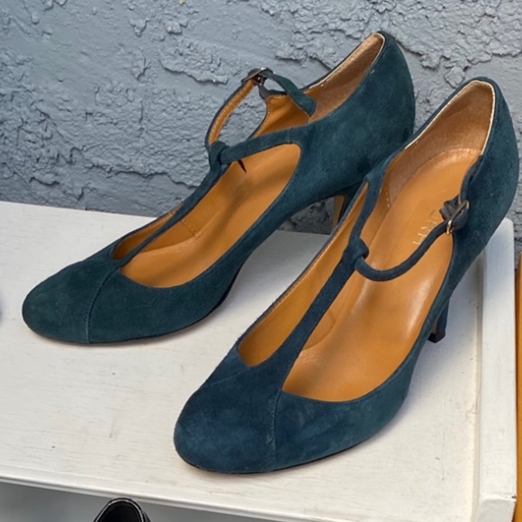 Dark Green Suede T Strap Pumps - Picture 1 of 2